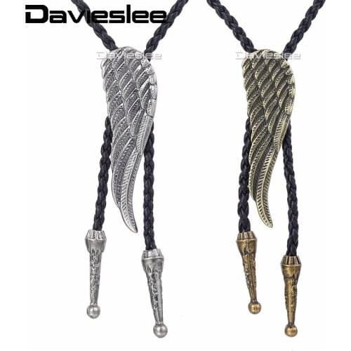 Davieslee Mens Chain Knot Wing Bull Head Pendant Necklace Man made Leather Cowboy Brass Silver Color 40inch LUNM30