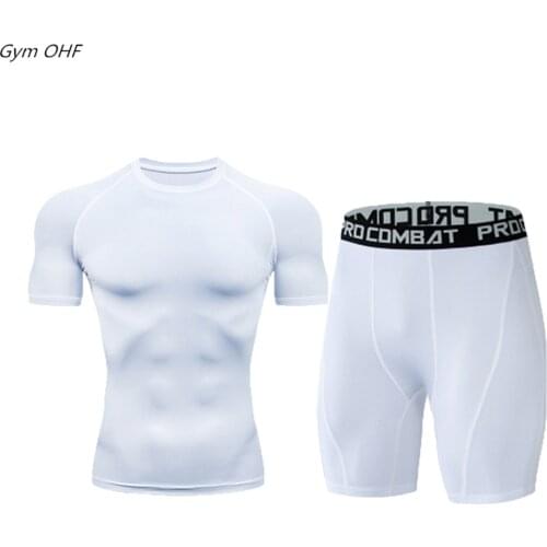 Mens Solid Color Suit Muscle Mens Clothing Tights Mens Sportswear Training T-Shirt Stretch Shorts Compression Suit Rashguard