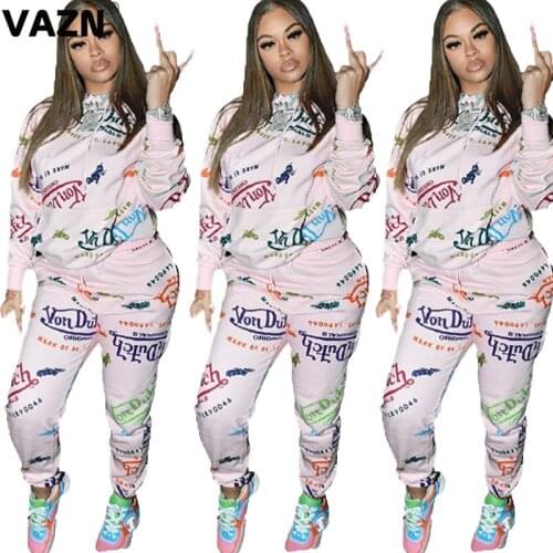 VAZN 2020 New Print Comfortable Women Sport Running Girl High Neck Set Gym Clothing Sport Suit Women Full Sleeve Tracksuit