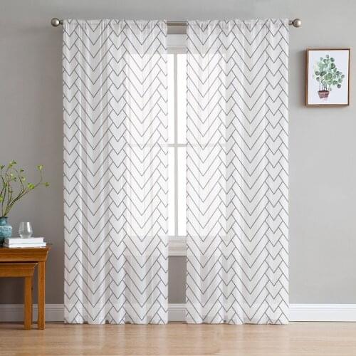 Geometric Lines White Background Sheer Curtains for Living Room Bedroom Kitchen Chiffon Tulle Curtains Home Hotel Coffee Decor