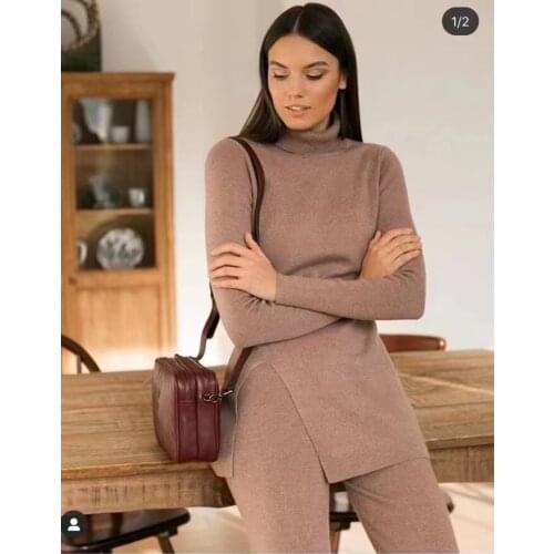 Luxury Two Pieces 45% Cashmere + 30% Wool Suits Female Turtleneck Warm Mink Cashmere Knit Tops + Wide Leg Wool Pant Sets F2494