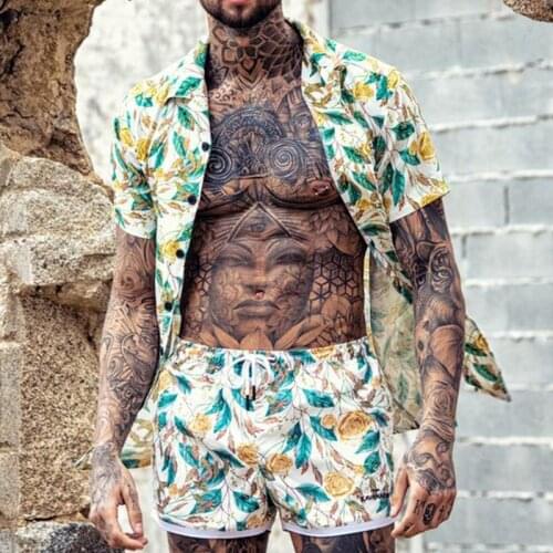 Casual Short Sleeve Turn-down Collar Shirt And Shorts Set Men 2 Piece Sets New Fashion Vintage Floral Printed Men Summer Outfits