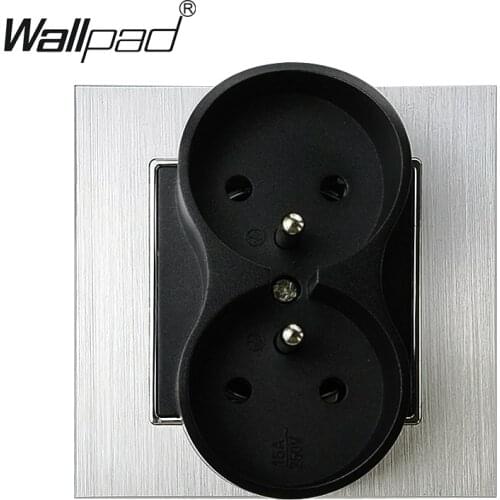 Silver Brushed Aluminum Single Frame with 2 French Socket 220V AC Wallpad EU Style Plug Wall Panel with Round Back 86*86mm
