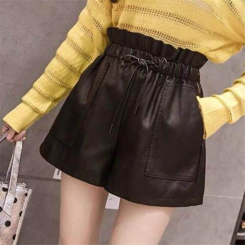 New Womens High Waist Flower Bud PU Leather Shorts Womens Spring Casual Korean Loose Wide Leg Leather Shorts Plus Size2xl