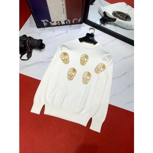 Rhinestone Brand Mens Sweater Slim Long Sleeve Skull Pattern Pullover High Quality Fall Winter 2021