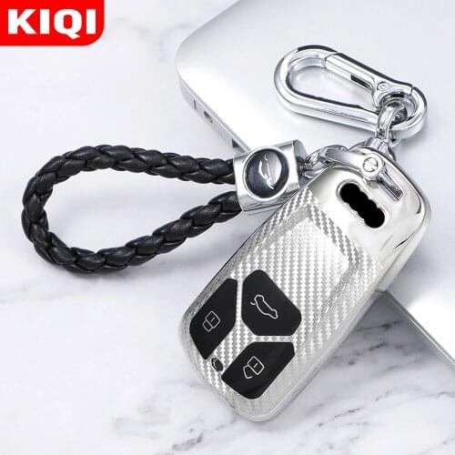 KIQI Carbon Fiber Smart Key Holder Cover Case for Audi A4 New A4L A5 A6L QT S5 S7 Q7 TTS 2017-2021 Key Shell Chain Keyring