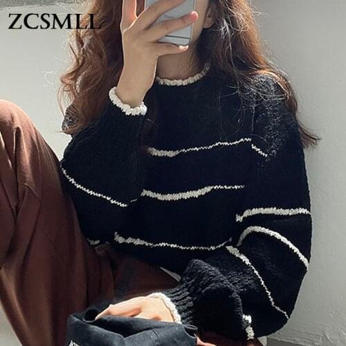 ZCSMLL Round Neck Hit Color Stripe Design All-match Pullover Loose Long-sleeved Sweater Sweater Korean Vintage Fashion Tops