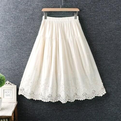 New Spring Women Skirt Japan Style Mori Girl Fresh Elastic Waist Flower Embroidery Cotton linen White Loose Skirt