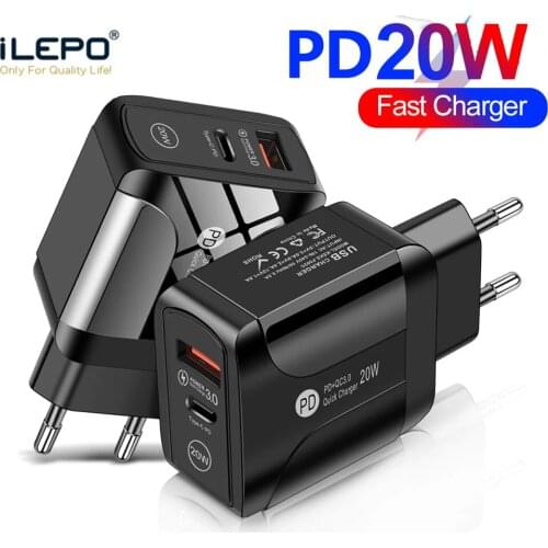 ILEPO PD 20W USB Type C Charger EU Adapter Fast Charger For iPhone 12 11 X Xs Xr Pro Max iPad Huawei Xiaomi LG Samsung QC3.0 18W