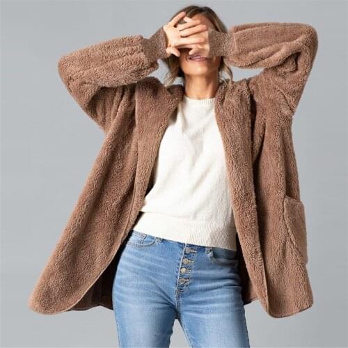 Jacket women Faux-fur Shaggy Winter Coat Long Sleeve Solid Color Comfortable Open Front Outwear Hooded Jacket пальто женское