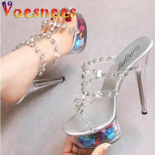 2021 Summer New Chain Slippers Petal Transparent Waterproof Platform Thin High Heels Women Shoes Peep Toe Sexy Nightclub Sandals