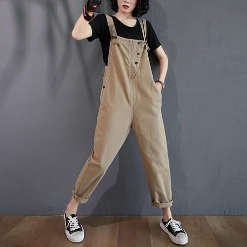#1522 Khaki Red Denim Overalls For Women Vintage Casual Pencil Harem Jumpsuit Ladies Plus Size Denim Suspender Jumpsuits Summer