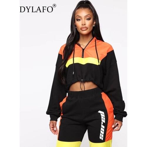 Tracksuit 2pcs Women Set Hoodies Crop Top Sweatshirt+Side Letter Pants Hooded 2 Pieces Sets Women Autumn Clothing Suits Female