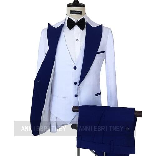Custom Made Bridegroom Marriage Wedding Suit White Blazer With Navy Blue Lapel Men Prom Party Tuxedo Jacket Vest Pants 3 Pieces