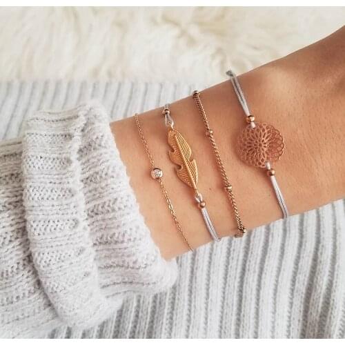 4 Pcs/Set Women Fashion Gold Leaves Flowers Polka Crystal Chain Braid Bracelet Set Bohemian Party Jewelry Gift Accessories