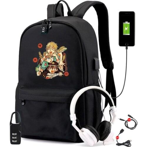 Anime Jibaku Shounen Hanako-kun Designer USB Backpack Bag Travel School Students BookBag Mochila With Free Lock