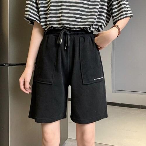 Women Knee Length Pants Summer High Waist Wide Leg Short Pants Drawstring Korean style cotton white Casual loose Jogger Trousers