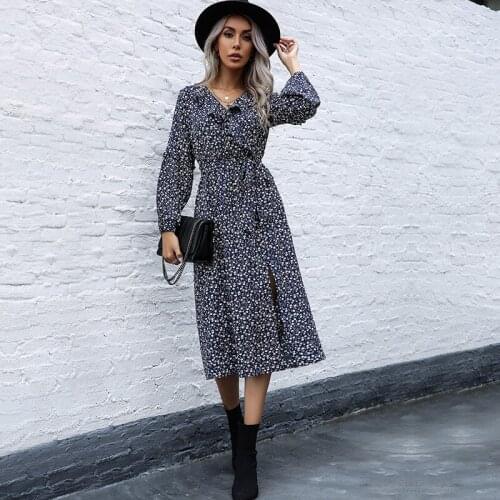 Floral Print Ruffle Patchwork V Neck Bandage Long Sleeve Split Fork Dress Women Boho Beach Party Streetwear Casual Midi Dresses