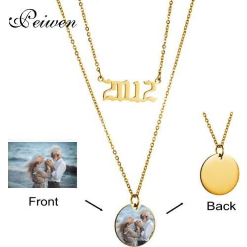 Year Number 1980-2019 Layered Necklaces Stainless Steel Round Pendant Custom Color Photo Engrave Text Chain Choker Birthday Gift