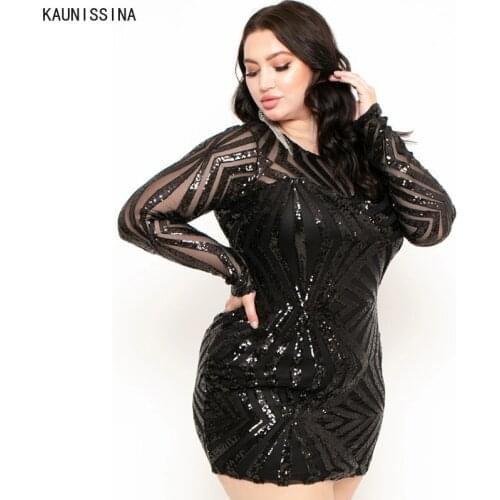 Plus Size Sequined Cocktail Dresses O-Neck Long Sleeve Bodycon Homecoming Dress Large Black Champagne Sequins Party Prom Vestido