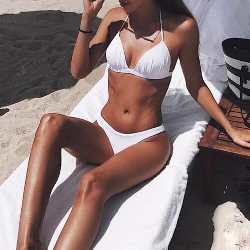 Two Piece Swimsuit 2019 Female Solid Low Waist Sexy Halter Swimwear With Padded Bandage White Bikini Set Women Bathing Suit
