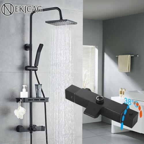 Matte Black Bathroom Shower Set Wall Mounted Thermostatic Rainfall Shower Faucet 4 Functions With Shelf Shower Crane Taps