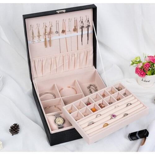 Multi-functional Square Jewelry Box With Lock Women Strong PU Pattern Jewel Ring Earrings Watches Organizer Storage Jewelry Case