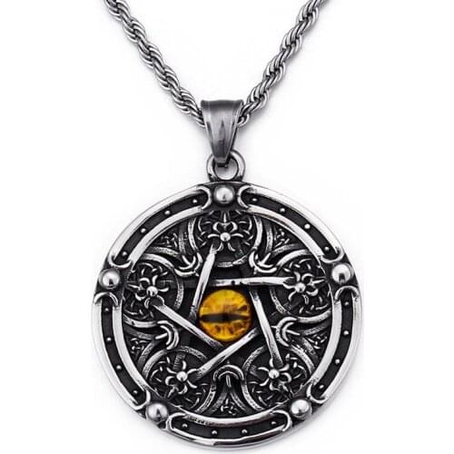 Fashion Titanium Steel St. Angel Guardian Pendant Hot Vintage Pentagram Round Tag Mens Necklace