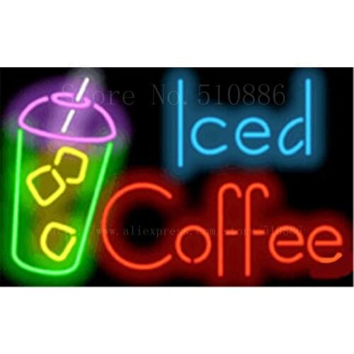 Iced Coffee NEON SIGN Real GLASS Tube Beer PUB Restaurant Signboard display Decorate Shop food dinner Light Signs 17*14"