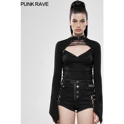 PUNK RAVE Womens Steampunk Wild Assassin Trumpet Sleeve T-Shirt Gothic Stretch Knitted Black Deep V Collar Tops Spring/Autumn