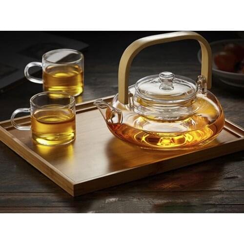 All Ready Elegant Glass Tea Set Heat-resistant Tea Pot bamboo handle With Cups Tray Kettle Warmer Home Tea Giftset Table Ware