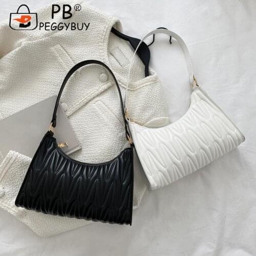 Casual Pure Color Chain Handbag Purse Fashion Pleated Lattice Pattern PU Shoulder Bag Women Small Hobos Underarm Bags