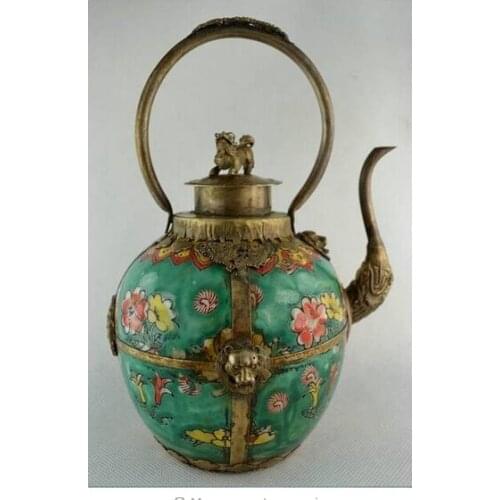 Old Handwork copper Silver Collectibles Tibet Silver Handwork Green Porcelain Big Wonderful Tea Po