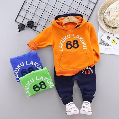 2020 spring and autumn childrens sweater, small and medium-sized childrens baby English alphabet 68 hooded two-piece suit