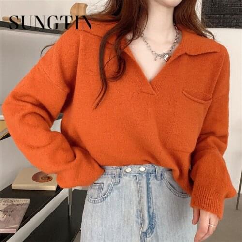 Sungtin Vintage Elegant Pullover Sweater Women Oversize Autumn V Neck Loose Knitted Sweaters Casual Korean Elegant Jumper Tops