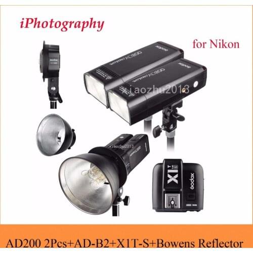 Godox AD200 2.4G TTL Flash 2Pcs + AD-B2 + X1T-N + Bowens Reflector 400W Strobe Flash for Nikon