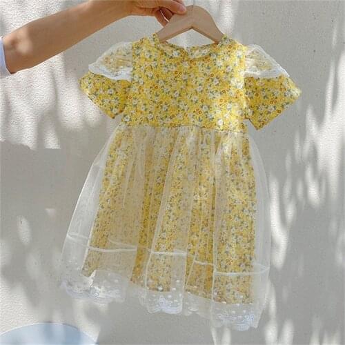 Hollead Yellow Flora Printing Princess Dresses 1-8 Years Girls Cotton Lace Mini Dress 2021 Summer Sweet Toddler Kids Costume