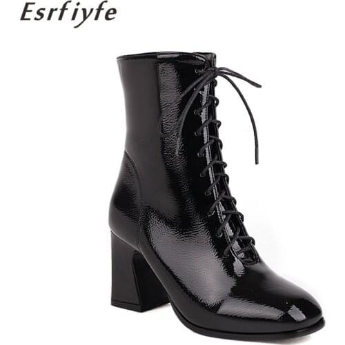 ESRFIYFE Women Ankle Boots Patent Leather Autumn Winter New Narrow Band Shoes Woman Casual Thick Heels Square Toe Basic Boots
