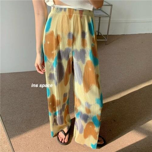 2021 Women Summer Tie Dye Loose Long Wide Leg Pants Elastic High Waist Straight Casual Pleated Trousers