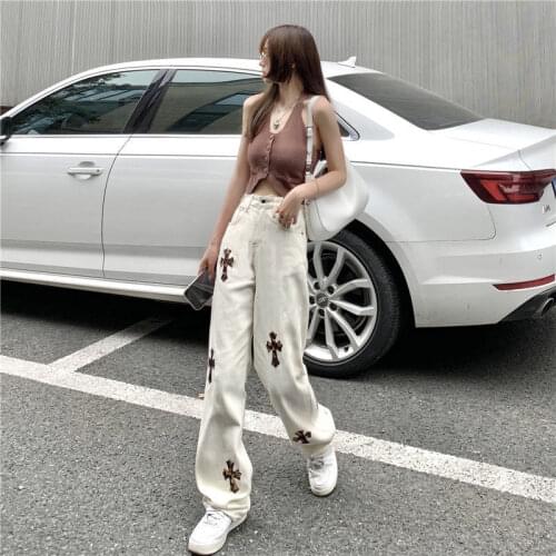 Women Embroidery Jeans 2021 Hip Hop Streetwear Pants Baggy Wide Leg Jeans for Women Straight Trousers Women Clothing