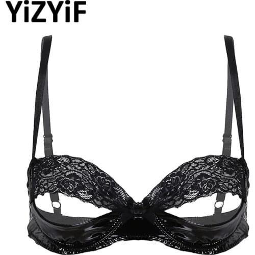 Women Patent Leather Latex Erotic Lingerie Transparent Lace Push Up Bra Tops Nipples Hole Porno Sissy Sexy Underwear Nightwear