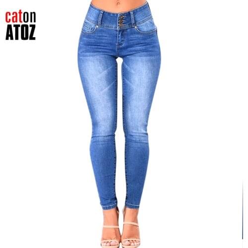 CatonATOZ 2143 Mom Jeans New Women Pencil Stretch Skinny Jeans Mid High Waist Jeans Pants Womens Blue Slim denim Jeans