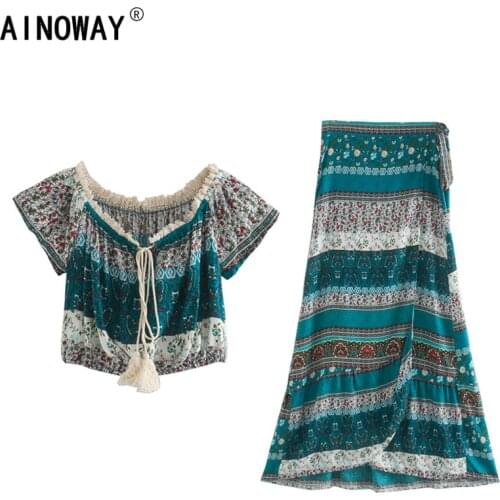 Vintage chic Women two piece floral print short Sleeve tops Bohemian elestic waist skirts 2 pieces rayon cotton Boho sets