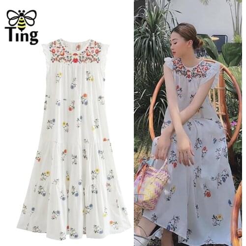 Tingfly Women Free Casual Loose Flower Print & Embroidery Summer Dress Bohemian Vacation Streetwear Long Vestidos Robes Traf