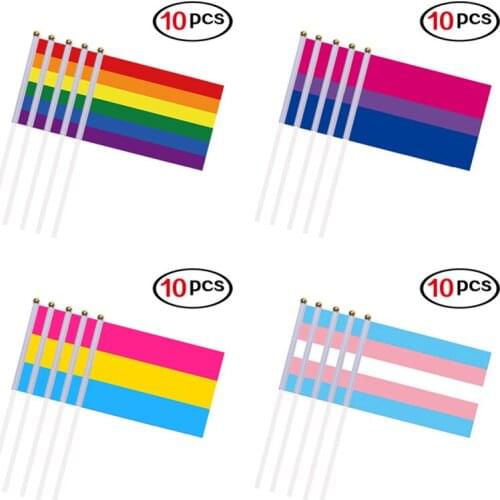 10PCS Rainbow LGBT Flag Hand Waving Gay Pride 14x21cm Flags Banners With Flag Poles