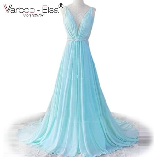 2018 Light Blue Evening Dress Straps Sleeveless Blue A Line Sequins Sash Zipper Prom Gowns Backless Long Chiffon Evening Dress