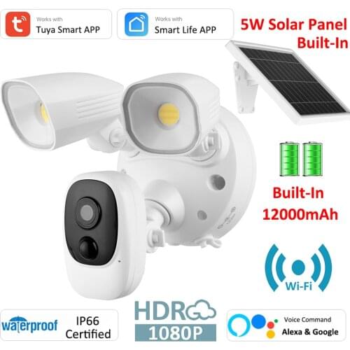 5W Solar Charging 12000mAh Battery Powered 1080P Alexa Google IP66 Outdoor Tuya Camera Floodlight with 1000LM Color Night Vision