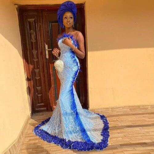 Sparking 3D Flower Mermaid Evening Dresses Sheer Full Sleeve Feather Special Occasion Gowns Sequine Vestidos De Fiesta