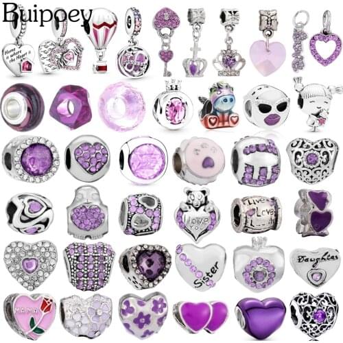Buipoey 2pcs Purple Heart Beads Love Crown Dangle Charm Thanksgiving MOM Pendant Fit Diy Bracelets Women Jewelry Making Beaded