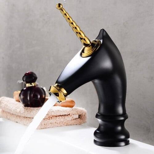 Black gold faucet cold and hot copper washbasin European washbasin platform Nordic horse head Unicorn faucet